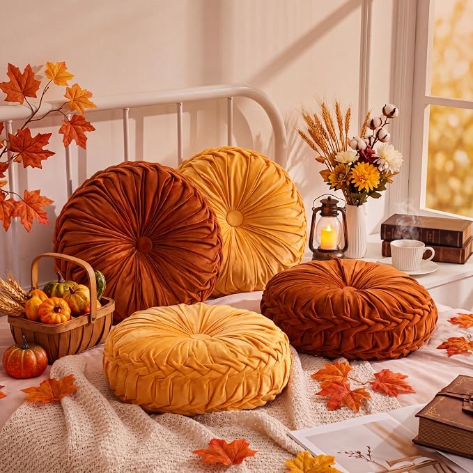 Drydiet 4 Pcs Round Throw Velvet Pillows Decorative Pleated Throw Pillows Diameter Accent Pumpkin Boho Chair Cushion for Couch Sofa Home Decoration (Burnt Orange,Yellow,15'')