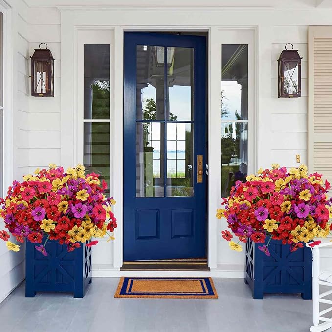 Geegoods Artificial Mums Flowers for Outdoors, 16 Bundles UV Resistant Fake Plastic Colorful Mix Flowers for Patio Porch Spring Summer Decor