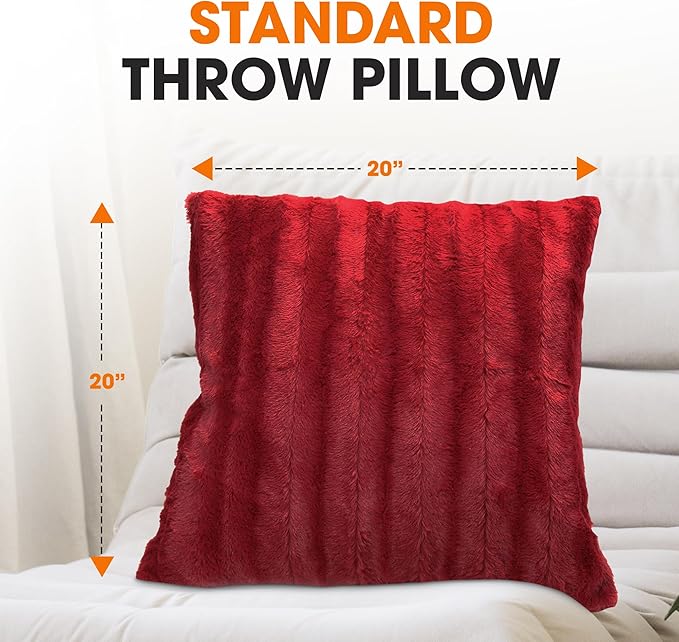 Cheer Collection Faux Fur Throw Pillows - Decorative Pillows for Couch, Bed Throw Pillows, Maroon Accent Pillows for Bedroom or Living Room Aesthetic, Set of 2 Furry Throw Pillows, 20" x 20"