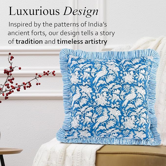 CPC Block Print Ruffle Throw Cover Blue Sapphire 24"x24" Inch Pack of 2-100% Cotton Ruffle Couch Decorative Boho Pillows Case for Living Room, Bedroom, Sofa, Farmhouse Gift for Spring, Mother's Day