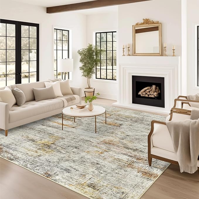 Soalmost 5x7 Area Rugs Gray Rust Low Pile Indoor Washable Trendy Faded Style Rugs for Bedroom Living Room Dining Room Foldable Non-Slip Thin Print Mat