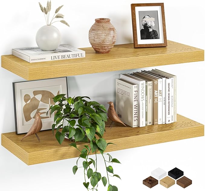 Fun Memories Floating Shelves for Wall, 24 Inch Set of 2 Rustic Wood Wall Shelves with Invisible Brackets, Heavy Duty Storage Display for Living Room Bedroom Kitchen, Oak