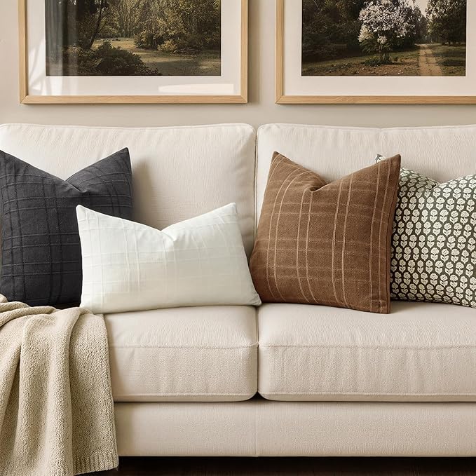 MIULEE Decorative Linen Check Throw Pillow Covers Neutral Farmhouse Vintage Pillow Covers 20x20 Set of 2 Boho Modern Winter Home Decor for Sofa Couch Bedroom Cushion Camel Brown