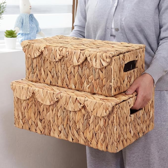 3 Pcs Large Wicker Storage Baskets with Lids 16" 14" 12" Scalloped Wicker Edge Basket Rattan Storage Rectangle Box Large Water Hyacinth Bins with Built in Handles for Living Room, Nursery