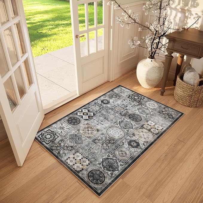 Washable Entryway Rug 3'x5 Non-Slip Backing Vintage Indoor Rug Low Pile Lighrweight Carpet for High-Traffic Indoor Entrance & Kitchen Farmhouse Decor