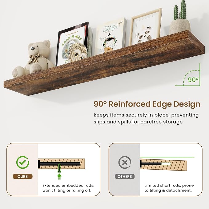 55in Floating Shelves for Wall, 55"W x 9.25"D x 1.5"H, Long Wall Mounted Engineered Wood Shelves with Invisible Brackets for Living Room, Bedroom, Bathroom, Kitchen Decor and Storage, Rustic Brown