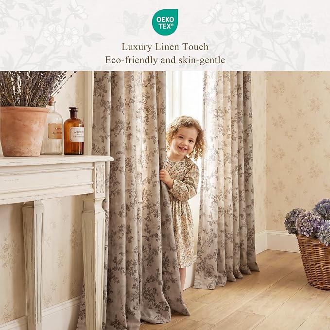 StangH Farmhouse Floral Curtains 84 Inches Long, Vintage Linen Curtains Natural Fabric Light Filtering Privacy Drapes with Butterfly Print for Bedroom Living Room, Taupe, W52 x L84, 2 Panels