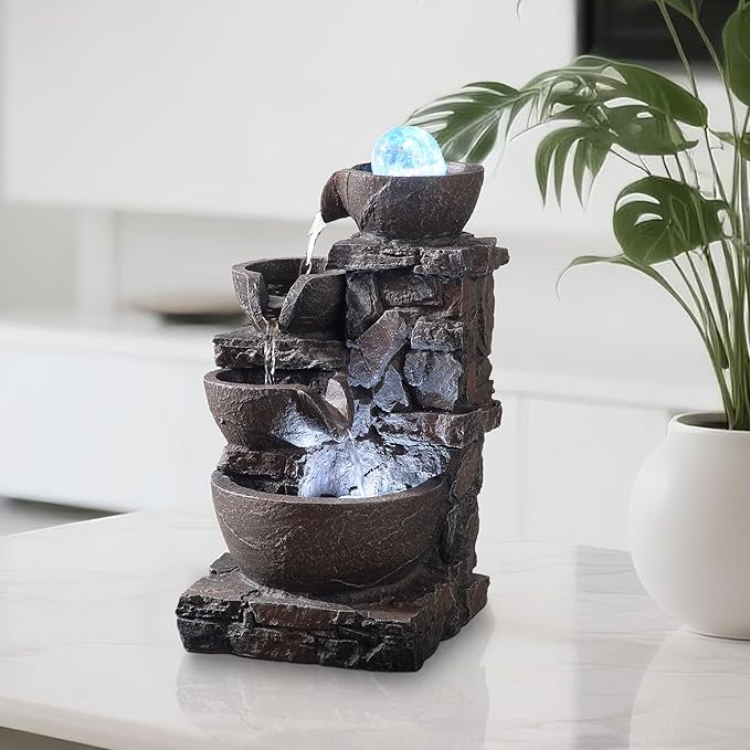 Indoor Tabletop Fountain with 4-Tier Stone Bowls, Rolling Crystal Ball & LED Lights – Tranquil Waterfall Decor for Home, Office or Zen Space (23066)