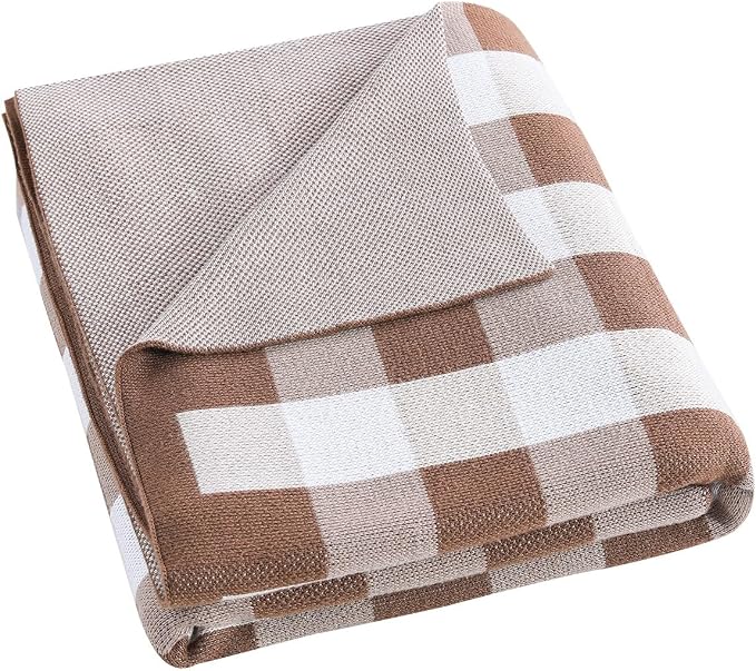 BOV Knit Checkered Throw Blanket - 100% Viscose Silky Super Soft Breathable Lightweight Decorative Throw Blanket for Year-Round Comfort, Perfect Self Care Gifts for Women & Men, Latte 50"x60"