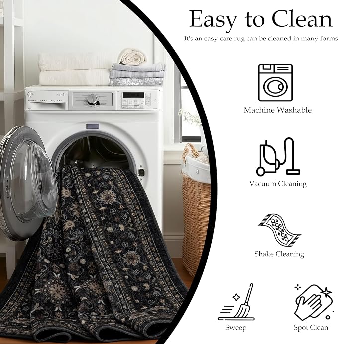 Ruaruarug Washable Area Rug 9x12 for Living Room, Bedroom, Ultra Soft Non Slip Stain & Fade Resistant, Pet & Kids Friendly, Suitable for High Traffic Areas Easy to Clean for Office Kitchen, Black Grey