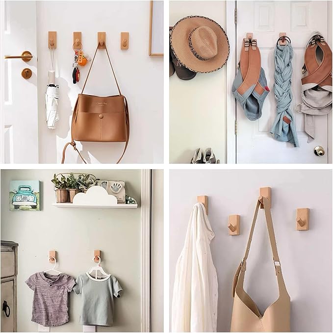 HomeDo Wall Hooks Hat Rack, Wooden Coat Hooks Wall Mounted, Decorative Hooks Single Organizer Hat Hanger Towel Rack, Heavy Duty Hooks (Rectangle-Beech,10P)