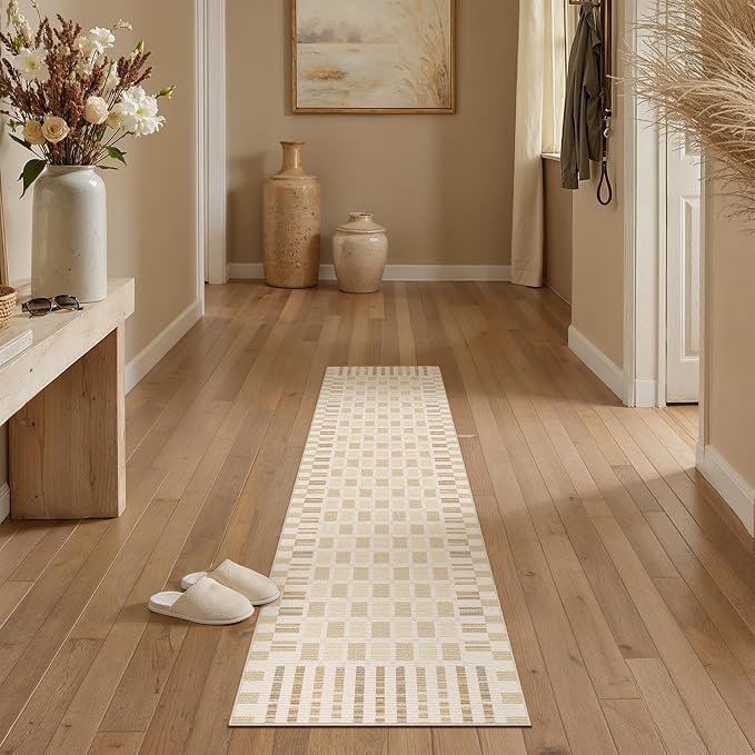 PureCozy Machine Washable Beige 2x6 Runner Rug for Hallways Indoor Kitchen Long Carpet Non-Slip Low Pile Modern Soft Accent Throw Rugs for Entrance Bedroom Dining Laundry
