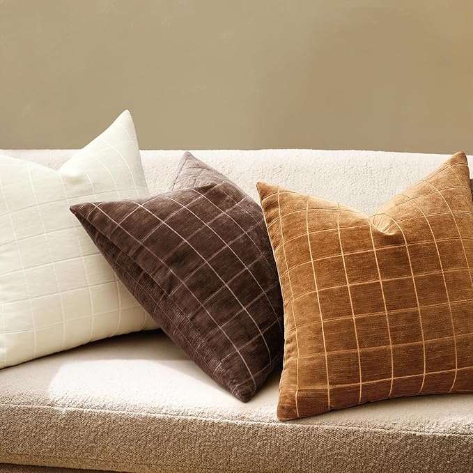 MIULEE Decorative Chenille Check Throw Pillow Covers Vintage Plaid Couch Pillows 20x20 Inch Set of 2 Neutral Boho Farmhouse Cushion Covers Modern Spring Home Decor for Sofa Bed Living Room Bronze