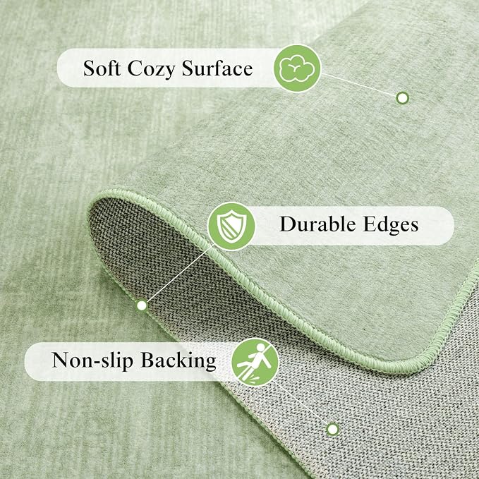 9x12 Washable Area Rug, Green Solid Area Rugs for Living Room & Bedroom | Stain-resistant & Non-slip backing,Low Pile Washable Large Carpet, Solid Vintage Style For High Traffic Areas(9x12,Green)