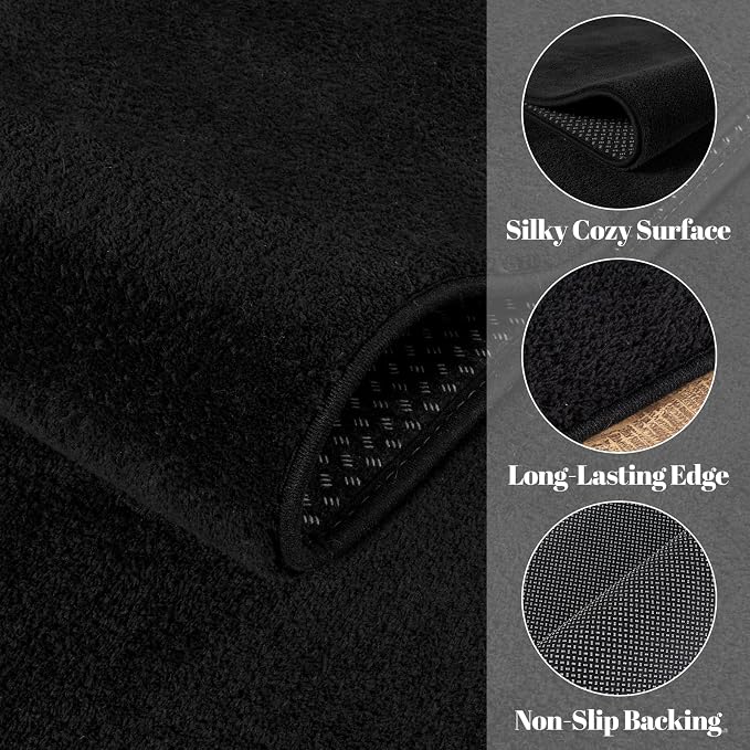 qulint Black Rug for Living Room, 8x10 Washable Rug for Bedroom with Thickened Memory-Foam, Modern Minimalist Large Carpet Solid Comfy Non Slip Carpet for College Dorm Dining Room Classroom Home Decor
