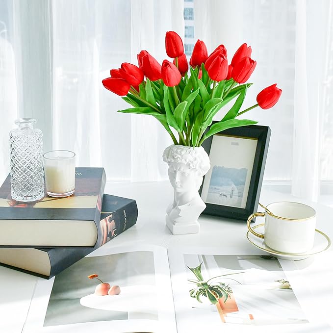 Mandy's Red Artificial Tulips Flowers Centerpiece, 13.5" Lifelike PU Fake Floral Stems 20pcs for Kitchen Island & Dining Table, Spring Decor for Easter