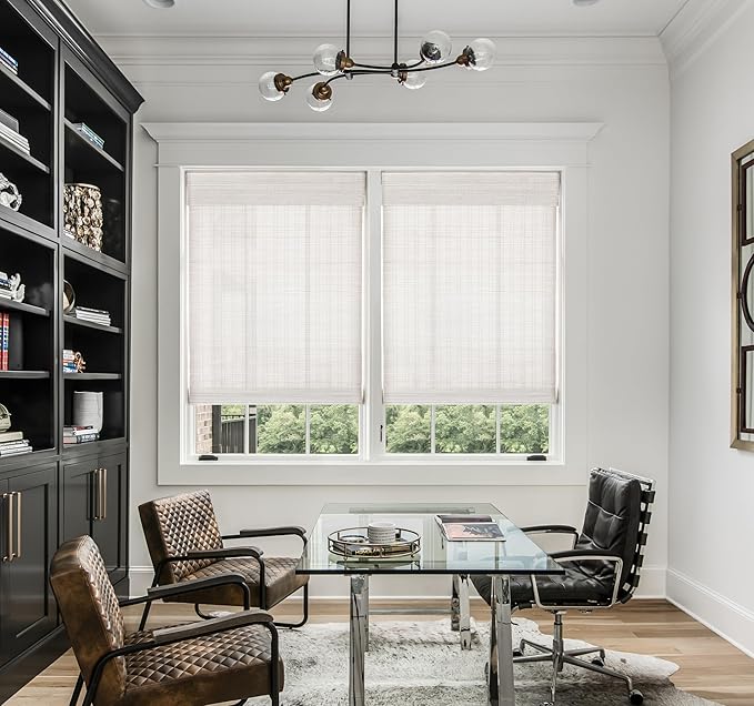 LazBlinds No Drill Bamboo Roman Shades, 41x64, Ceylon Vintage White | Light Filtering Window Treatment, No Tools Cordless Roll Up Bamboo Blinds for Window