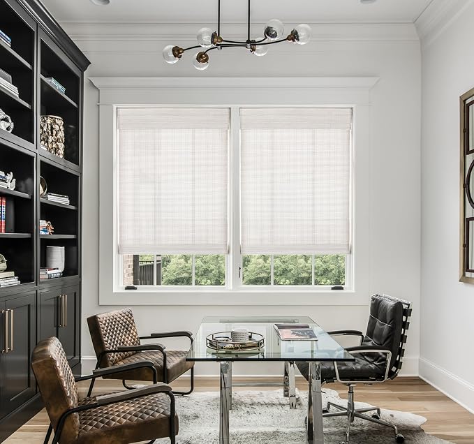 LazBlinds No Drill Bamboo Roman Shades, 30x64, Ceylon Vintage White | Light Filtering Window Treatment, No Tools Cordless Roll Up Bamboo Blinds for Window