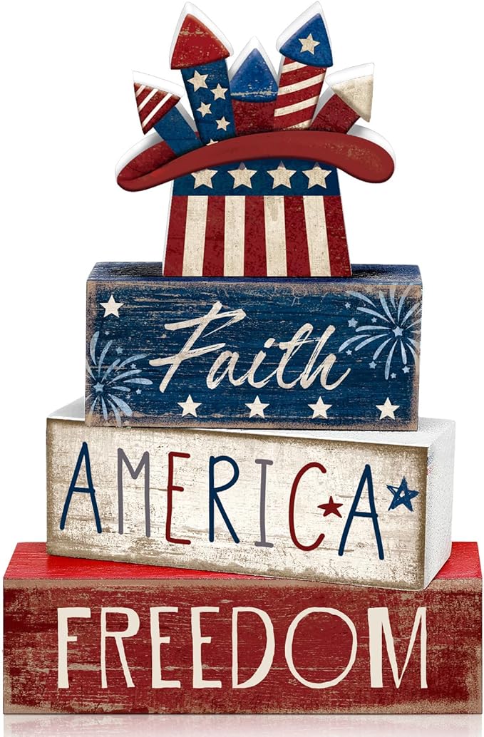 CroBlissful 4 Pcs 4th of July Decorations Patriotic Memorial Day Tabletop Decorations Red White Blue Table Centerpieces Sign for Office Tiered Tray Home Shelf 250th Anniversary(Independence Day Hat)