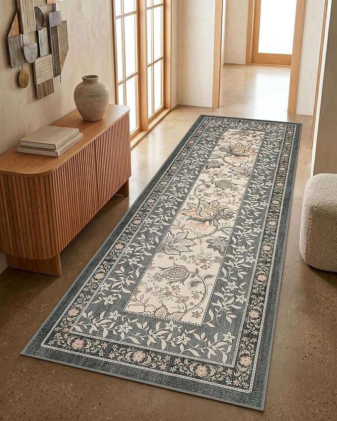 GarveeHome Grey Non-Slip Washable 2x6 Kitchen Runner Hallway Rug Cottage Core Vintage Farmhouse Low-Pile Stain Resistant Rugs for Entryway Bathroom Bedroom TPE Backing
