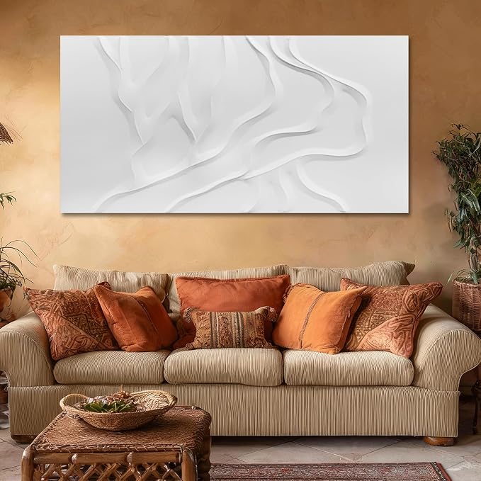 Large White Abstract Wall Art, Hand Painted Textured Canvas with Organic Sculptural Relief, Oversized Modern Statement Wall Decor for Living Room or Bedroom, Gallery Wrapped and Ready to Hang, 29×58 Inch