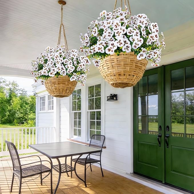 24 Pcs Artificial Fake Pansy Flowers for Outdoor,Faux Silk Plants Flowers UV Resistant Pansies Spring Flowers for Planter Front Door Porch Yard Patio Garden Window Box Home Decor(White)