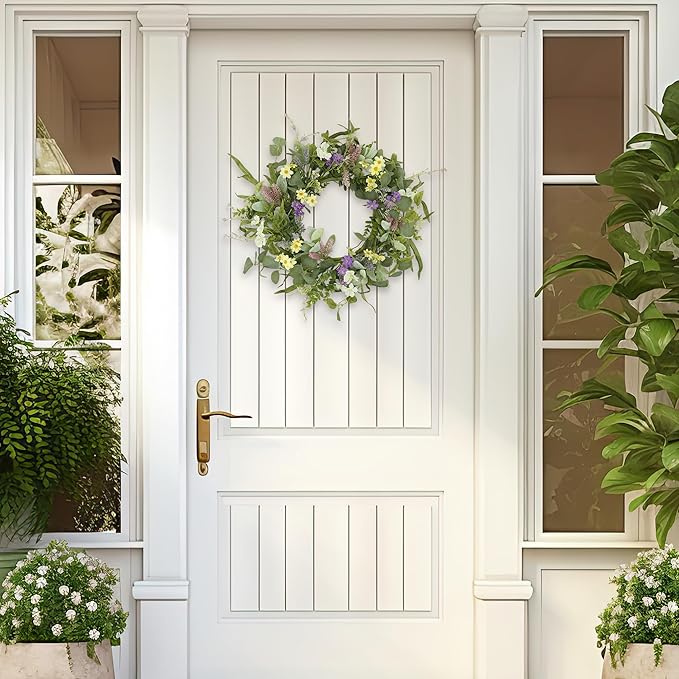 YNYLCHMX 18" Spring Summer Wreaths for Front Door, Artificial Floral Wreath with Multi-Colored Flower & Green Eucalyptus Leaves, Green Foliage Wreath for Wall Window Farmhouse Party Holiday Home Decor