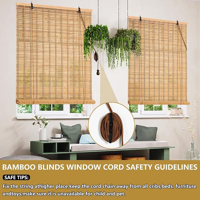 72x48 Inch Bamboo Blinds for Interior Windows, Easy to Install Bamboo Shades for Indoor Windows, Light-Filtering & Privacy Protection Roll Up Shades for Indoor Outdoor Patio, Carbonized