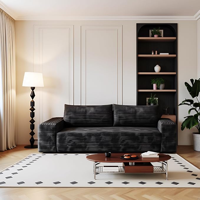 JINGLING 71" Small Couches for Small Spaces, Memory Foam loveseat Corduroy Couch in a Box, Compressed Boneless Sofa for Living Room Bedroom, Apartment Furniture, No Assembly Required, Black