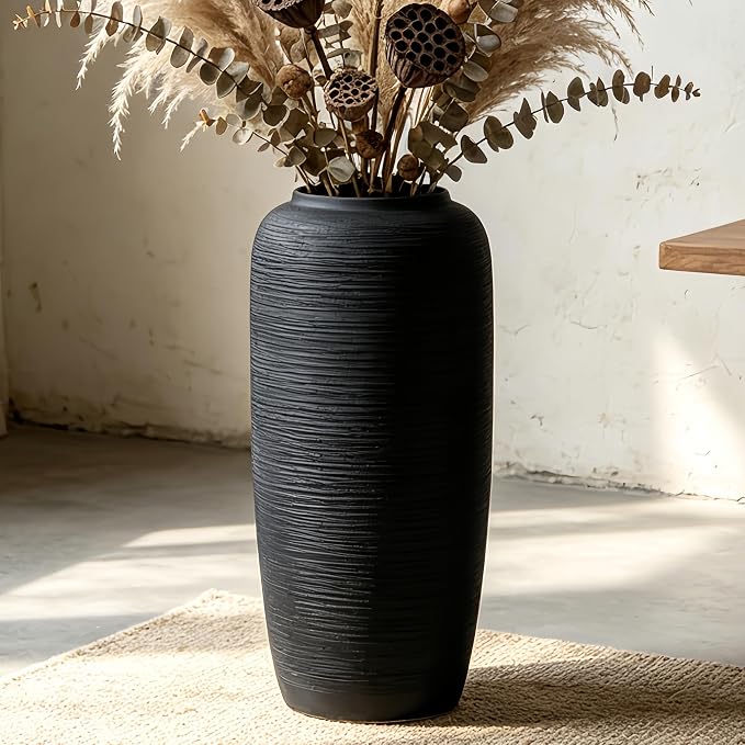 Large Rustic Ceramic Black Vase,15.7 Inch Tall Pottery Farmhouse Decor Floor Vase Vintage Flower Vases for Home Living Room Entryway Table Centerpiece Decor,Terracotta Vases,Wedding Gift