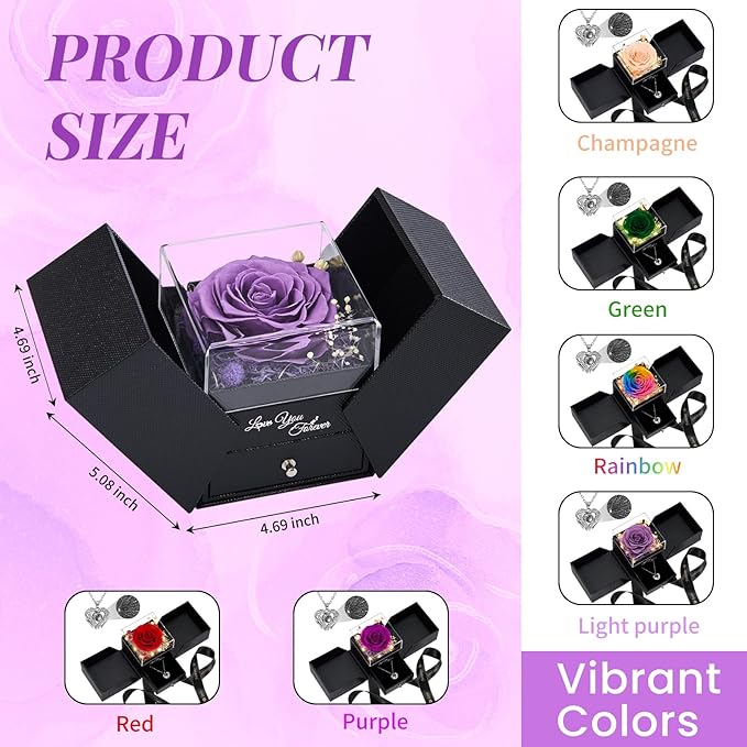 FIACO Gifts for Mom Preserved Real Roses with I Love You Necklace Fresh Forever Flowers Mothers Day Flower Gifts for Women Grandma Anniversary Birthday Gift for Girlfriend Wife Daughter