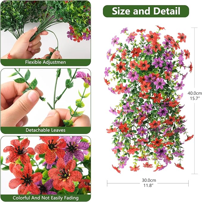 Homsunny Artificial Fake Flowers Plants for Outdoor Spring Summer Decoration, 2 PCS Faux Silk Daisy Hanging Flower Outside UV Resistant Look Real for Patio Porch Garden Balcony Home Decor(Red Purple)