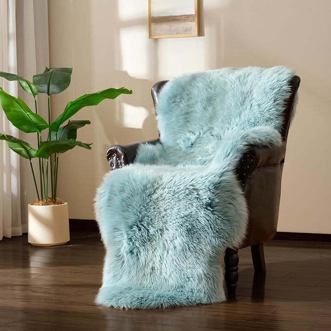 Premium Genuine Sheepskin Area Ruge - Real Wool Fur Shaggy Carpet | Fluffy Soft Natural Lambskin Rug Seat Chair Covers for Couch Sofa Bedroom Living Room(Light Blue,2×6 Feet Sheepskin)