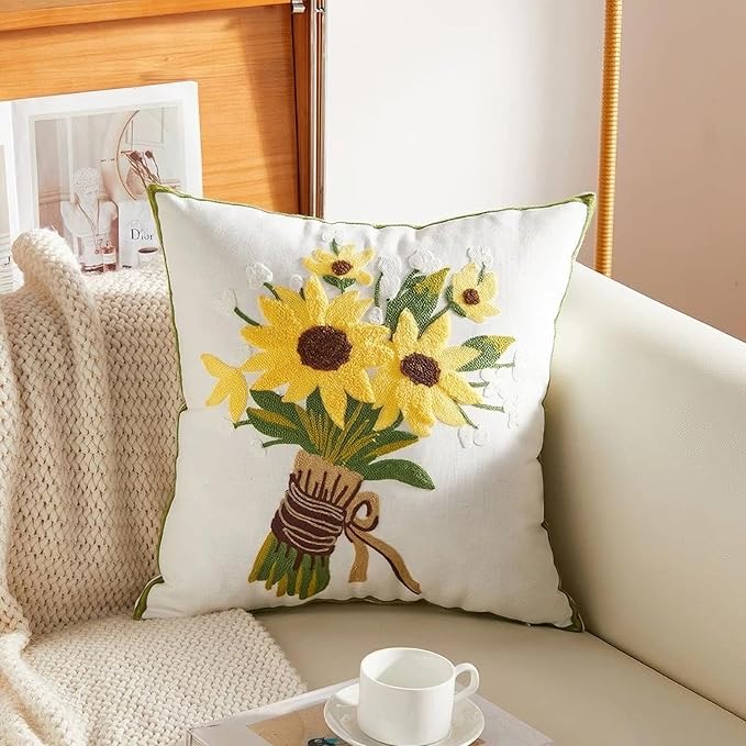 Embroidery Throw Pillow Covers Yellow Floral 18x18 Inch Decorative Cushion Case Tied Sunflowers 100% Cotton Home Decor Embroidered 45x45cm Tied Sunflowers Design, 1 Piece