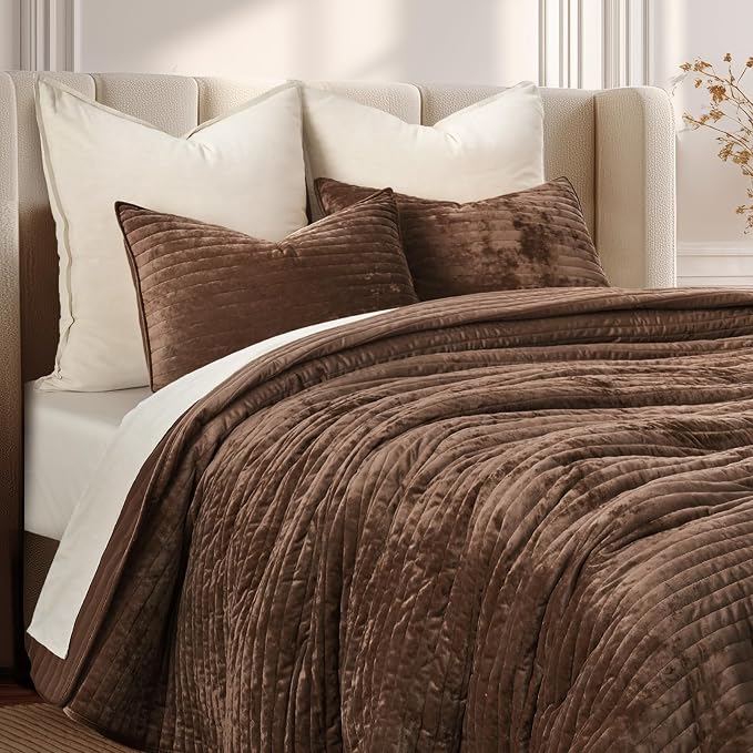EverGrace Velvet Quilt Set Queen Size, Luxurious Soft Striped Channel Bedding Set, Lightweight Velvet Comforter for All Season, Oversized Bedspread Coverlet with 2 Matching Shams, Rust Brown