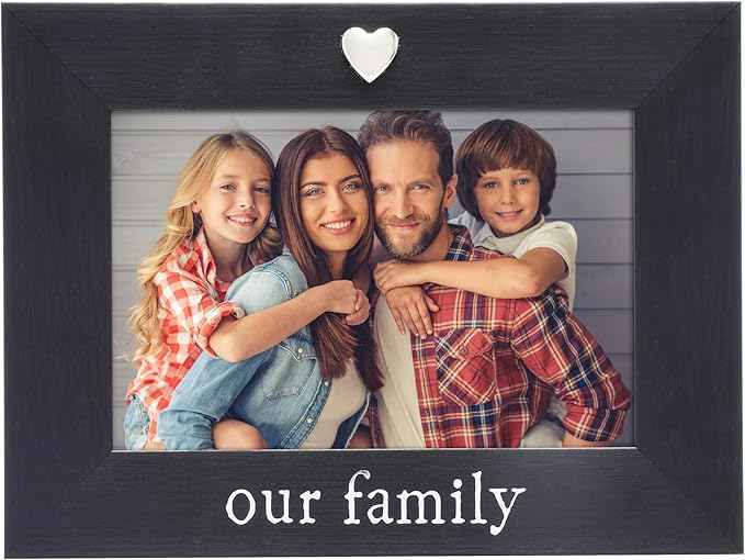 MIMOSA MOMENTS "Our Family Black 4x6 Picture Frame with Silver Heart Ornament, Tabletop Display, Family Photo Frame for Home Decor, Gift for Housewarming, Christmas, Home Keepsake
