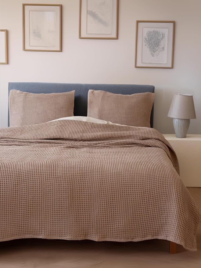 Premium Waffle Throw Blanket California King Size Brown - 100% Turkish Cotton, Light and Airy Waffle Weave All-Season Quilt - Luxury Decorative Bedspread (Brown, Cal King 95" x 126" Inch)