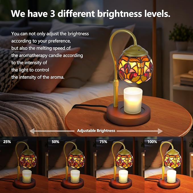 Candle Warmer Lamp - Vintage Tiffany Style Wood Base Timer | Rsbrillialite Vintage Candle Warmer Lamp - Tiffany Style Baroque Stained Glass Decor with Timer, Wood Base & 2 GU10 Bulbs
