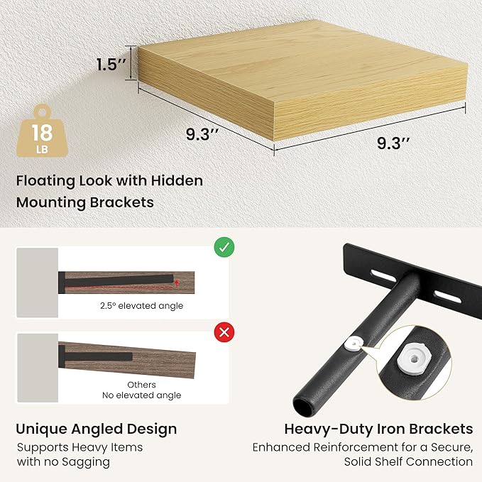 Fun Memories Rustic Wood Floating Shelves for Wall, Space-Saving Wall Mounted Shelves for Bathroom, Bedroom, Living Room and Kitchen, Stylish Storage & Display (Set of 4, Oak, 9.3 in)