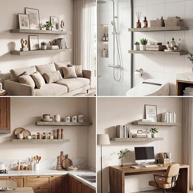 Dreamland 36 Inches Floating Shelves for Wall, 9.3" Deep Long Floating Shelves Set of 2, Large Display & Storage Shelf, Wall Shelf for Bathroom Bedroom Living Room Kitchen Office, Grey