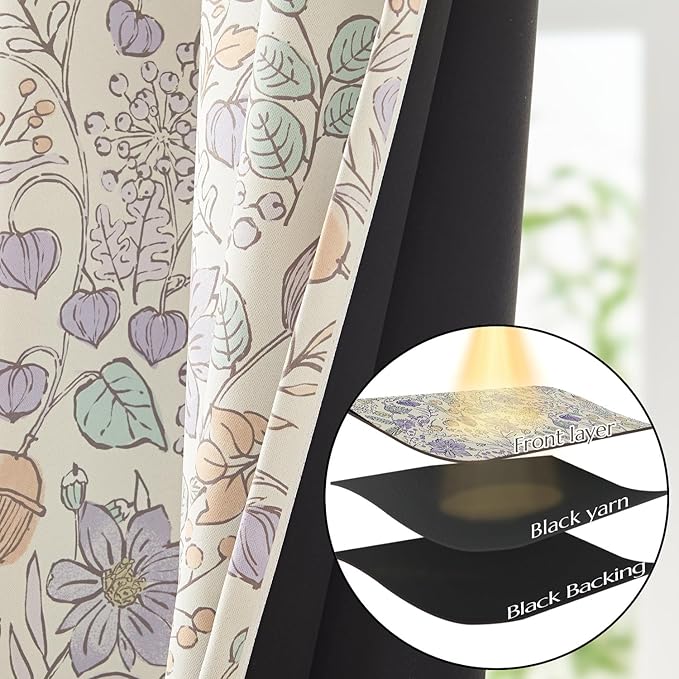 Vangao Purple Nursery Curtains for Girls Room Floral Blackout Curtains 63 Inch Length Farmhouse Drapes for Bedroom Room Darkening Flower Patterned Window Treatment for Kids Set of 2