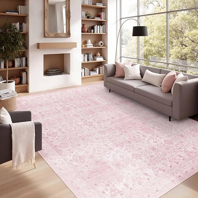 Rugxara 6x9 Area Rugs for Living Room Bedroom, Pink Large Washable Neutral Rug, Vintage Floral Retro Boho Non Slip & Low Pile Carpet for Indoor Dining Room, Classroom, Dorm, Nursery and Kids Room