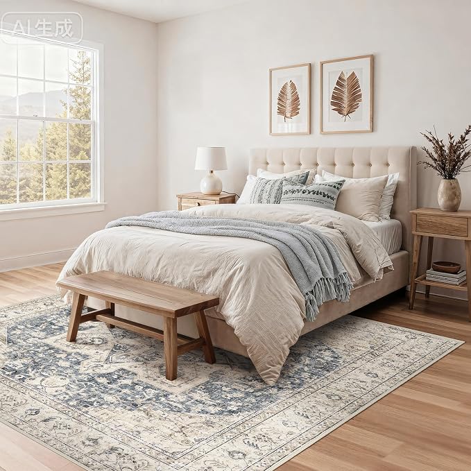 Tortania 8' Square Area Rug Living Room Rugs - Washable Boho Rug Vintage Oriental Distressed Farmhouse Large Thin Indoor Carpet for Bedroom Under Dining Table Home Office - Cream/Blue