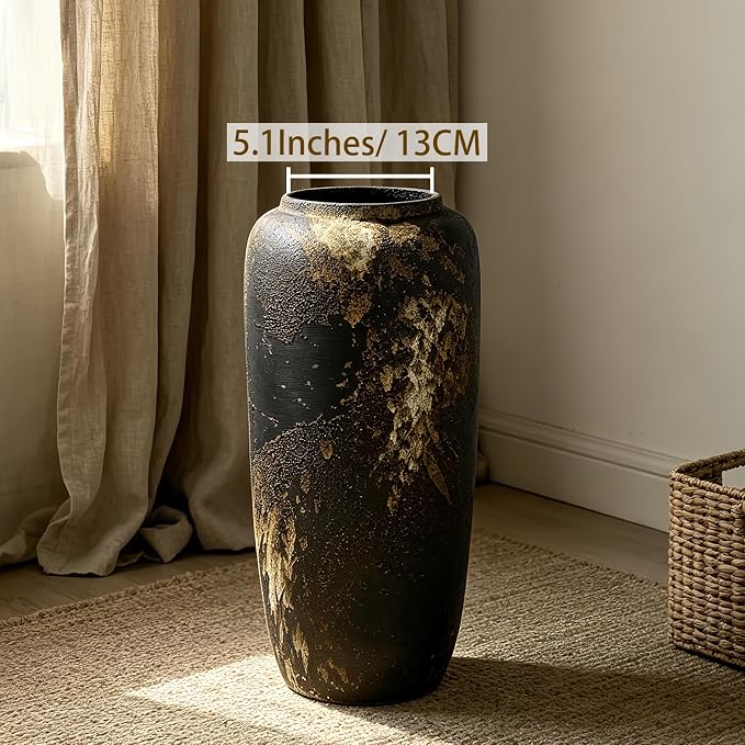 Black Rustic Ceramic Tall Floor Vase, 15.7 Inch Vintage Large Farmhouse Vase Pottery Clay Terracotta Rustic Vases for Home Decor Living Room Entryway Table Centerpieces,Kitchen,Housewarming Gifts