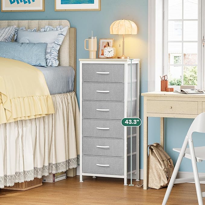 Huuger 43.3 Inch Tall Dresser for Bedroom, 6 Drawer Night Stand & Chests of Drawers, Fabric Dresser for Closet, Bedroom, Nightstand, End Table with Metal Frame, Storage Tower with Fabric Bins, Grey