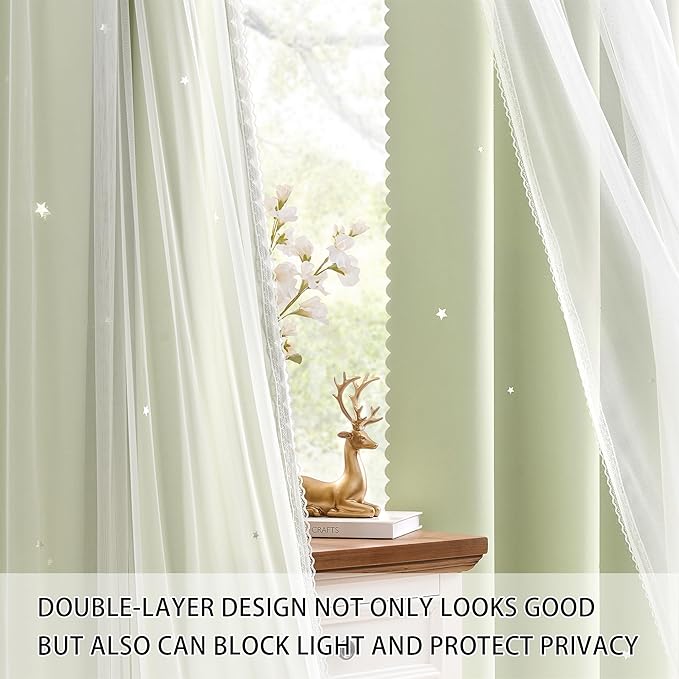 XiDi Star Blackout Sage Green Curtains 63 inch Length 2 Panels Set Chic Thermal Insulated Grommet Room Darkening Window Drapes for Nursery Kids Girls Bedroom Living Room W52 x L63 Light Green
