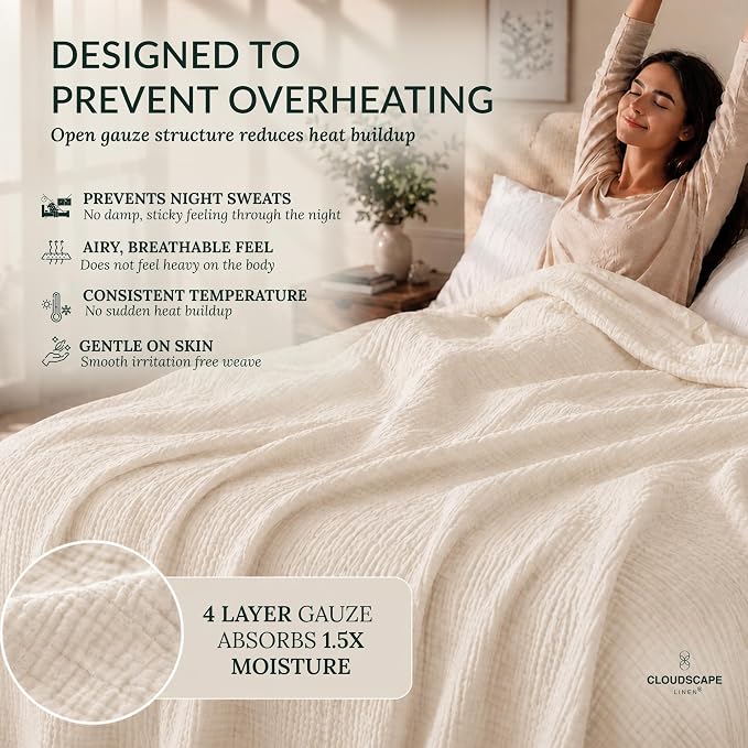 CLOUDSCAPE 4 Layer Muslin Blanket for Adults - 100% Cotton Blankets Twin Size for All-Season - 68"x92" Fits Upto TwinXL Bed - Ultra Soft Lightweight Breathable Cotton Blankets for Summer - Ivory