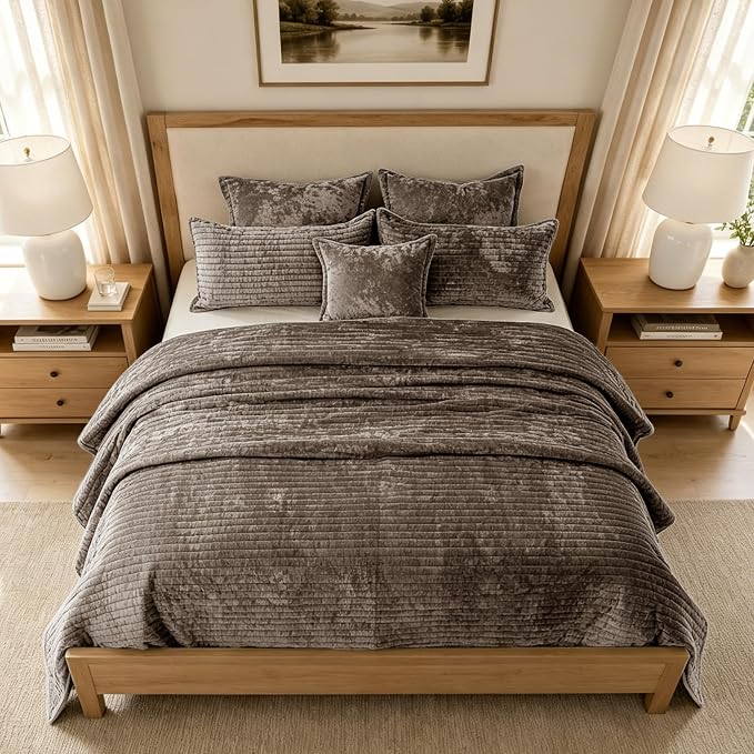 Luxury Velvet Oversized King 120x120 in Quilt Set 3 Piece Quilted Bedspread with 2Pillow Shams(20x36) Ultra Soft Coverlet All Season Bedding for Farmhouse Modern Bedroom Sofa,Brown