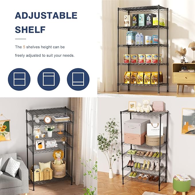 5-Tier Heavy Duty Wire Shelving Unit,35.4" Wx18 Dx71 H,Wire Shelf Racks with Wheels,Height Adjustable Storage Metal Shelves for Kitchen,Garage,Office,Living Room,Pantry,Black