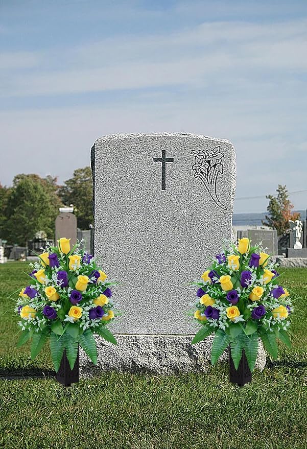 LVXINLI Artificial Cemetery Flowers, Gravesite Decoration Roses, Memorial Bouquets with Cemetery Vase, Vibrant and Long-Lasting Colors （ Yellow+Purple, 2 Bundles